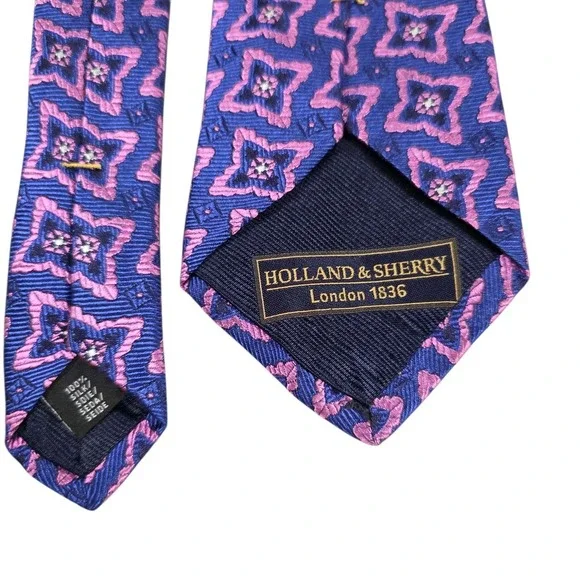 HOLLAND‎ & SHERRY Silk Geometric Pattern Necktie Blue Pink Luxury Formal Men's